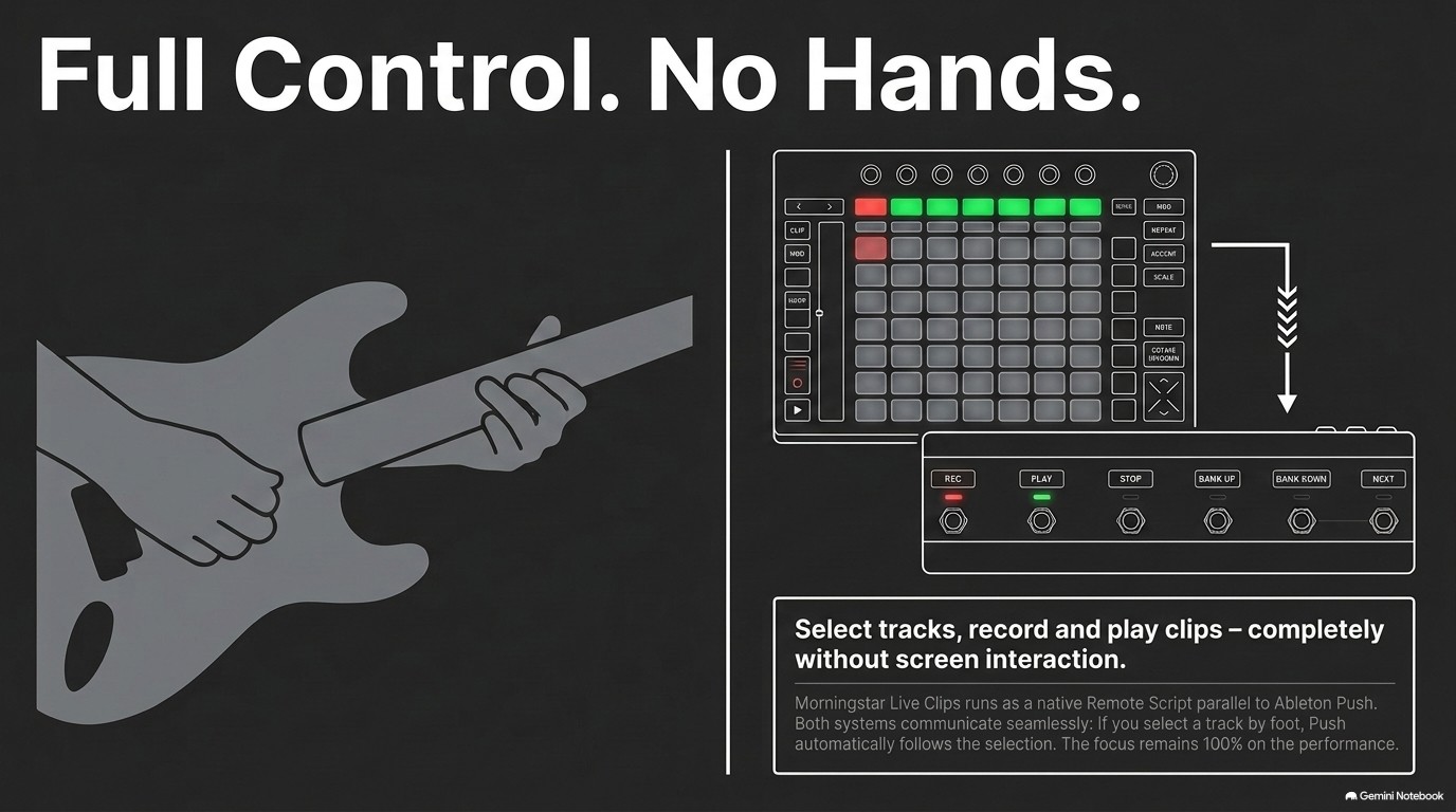 Full Control. No Hands. – Gitarrist mit Push und Fußschalter: Spuren wählen, Clips aufnehmen und abspielen, ganz ohne Bildschirm